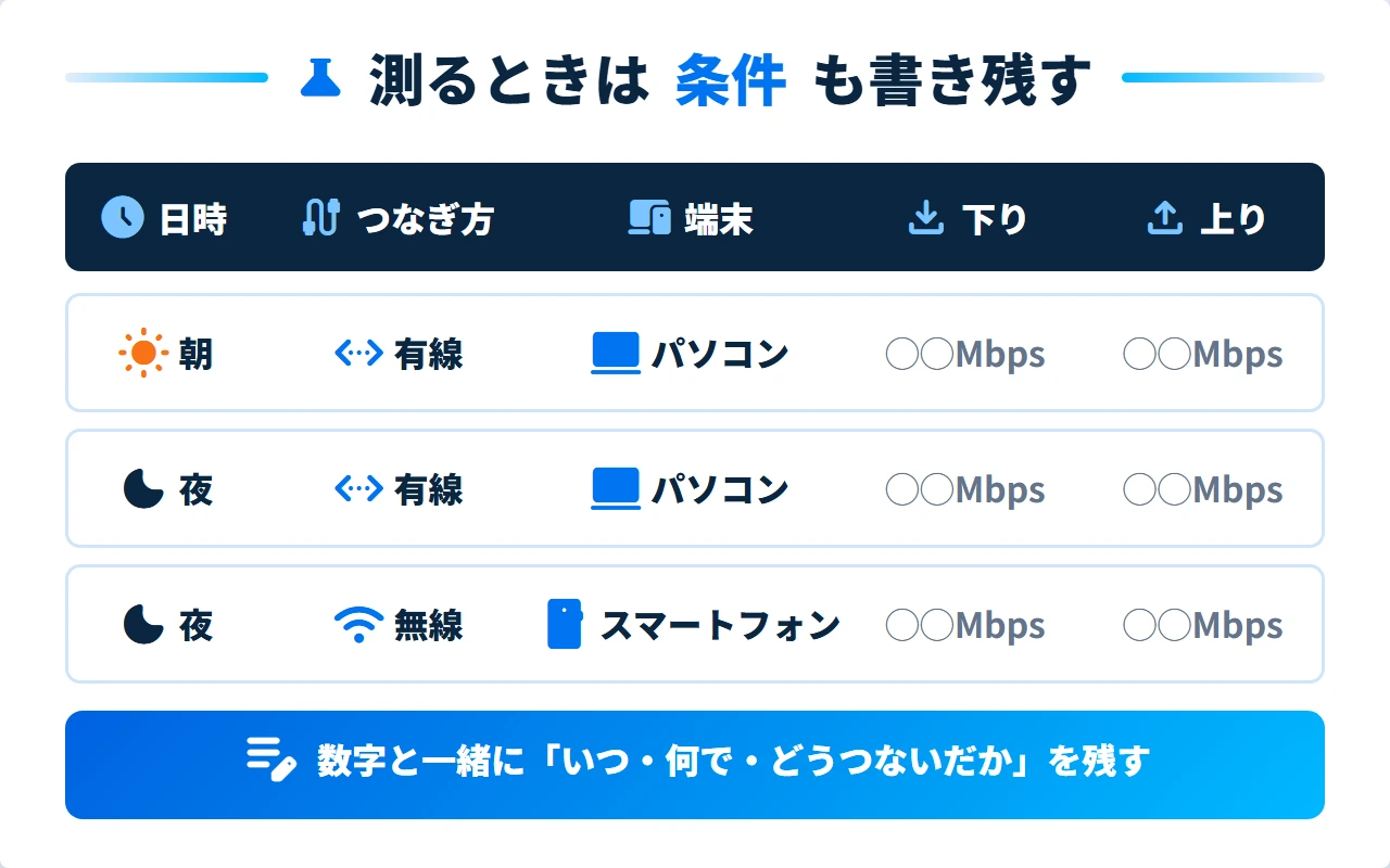 スピードテストの結果と一緒に書き残す条件の記録例